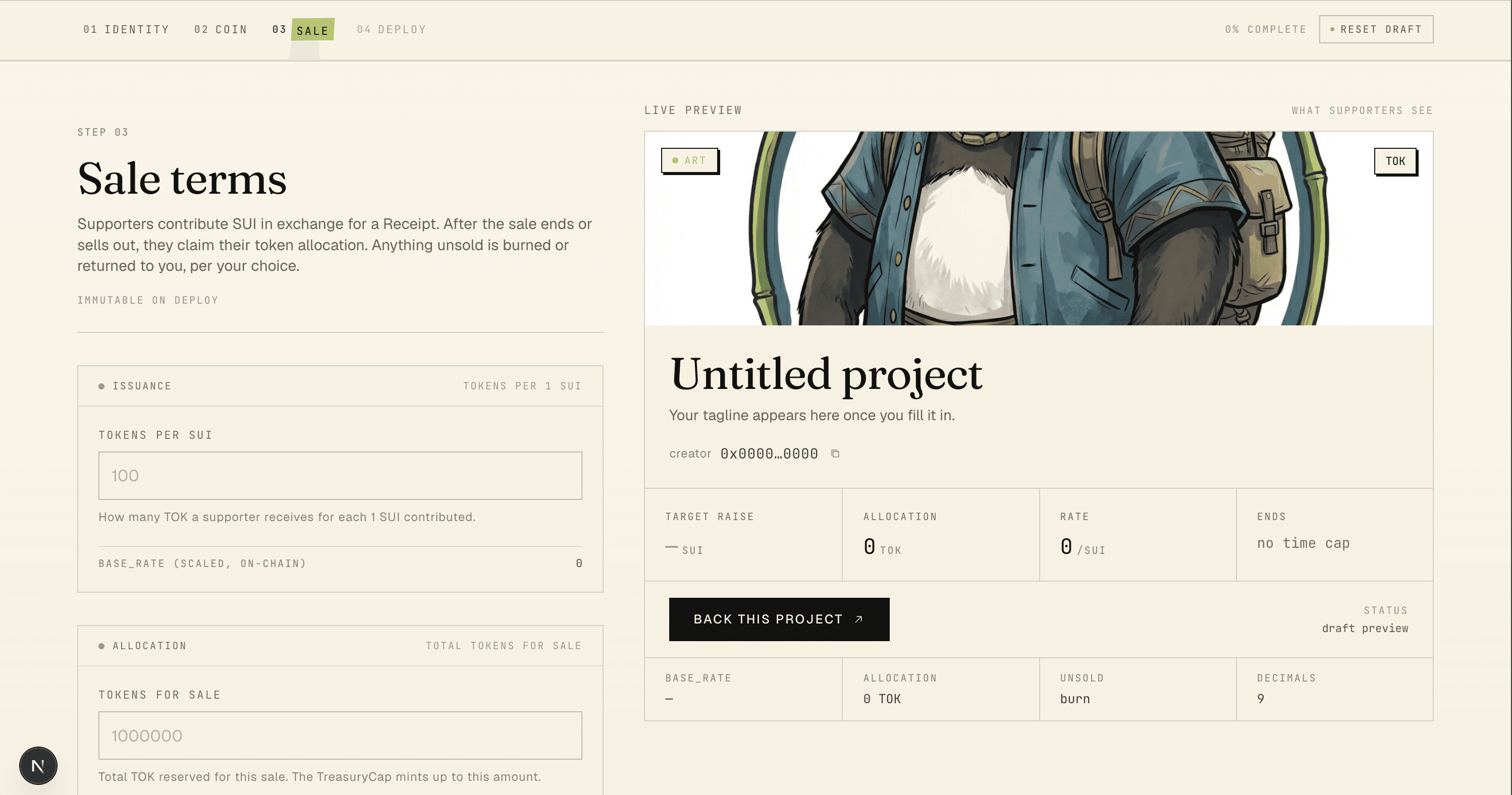 Step 03 of the create wizard — sale terms: tokens-per-SUI rate, total allocation, end time, unsold policy.